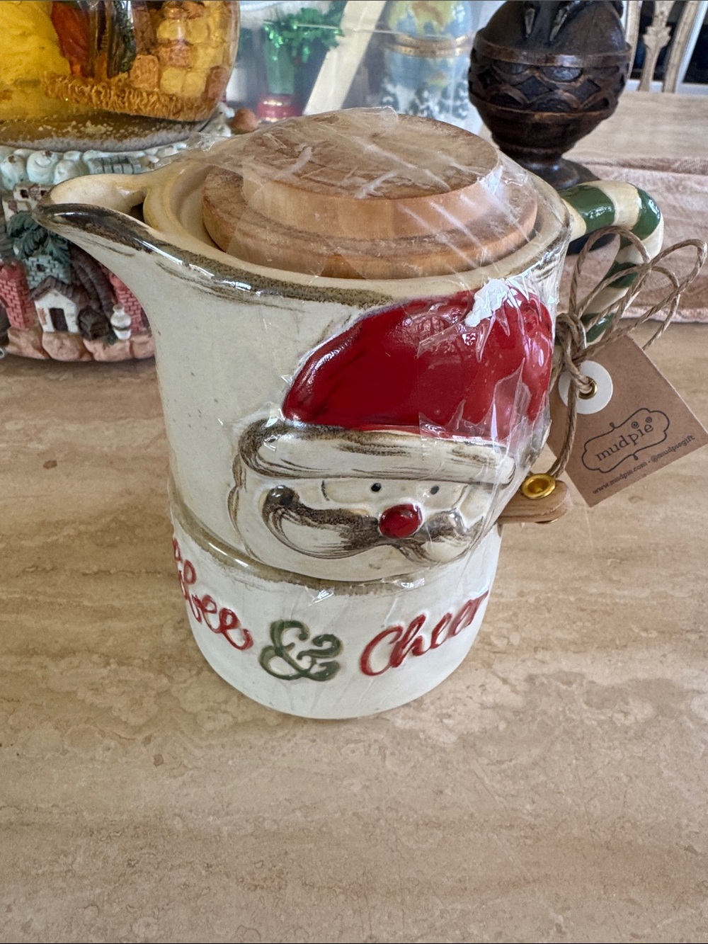 Ceramic Santa sugar and cream with wooden spoon and Lid in Red, Cream & Green